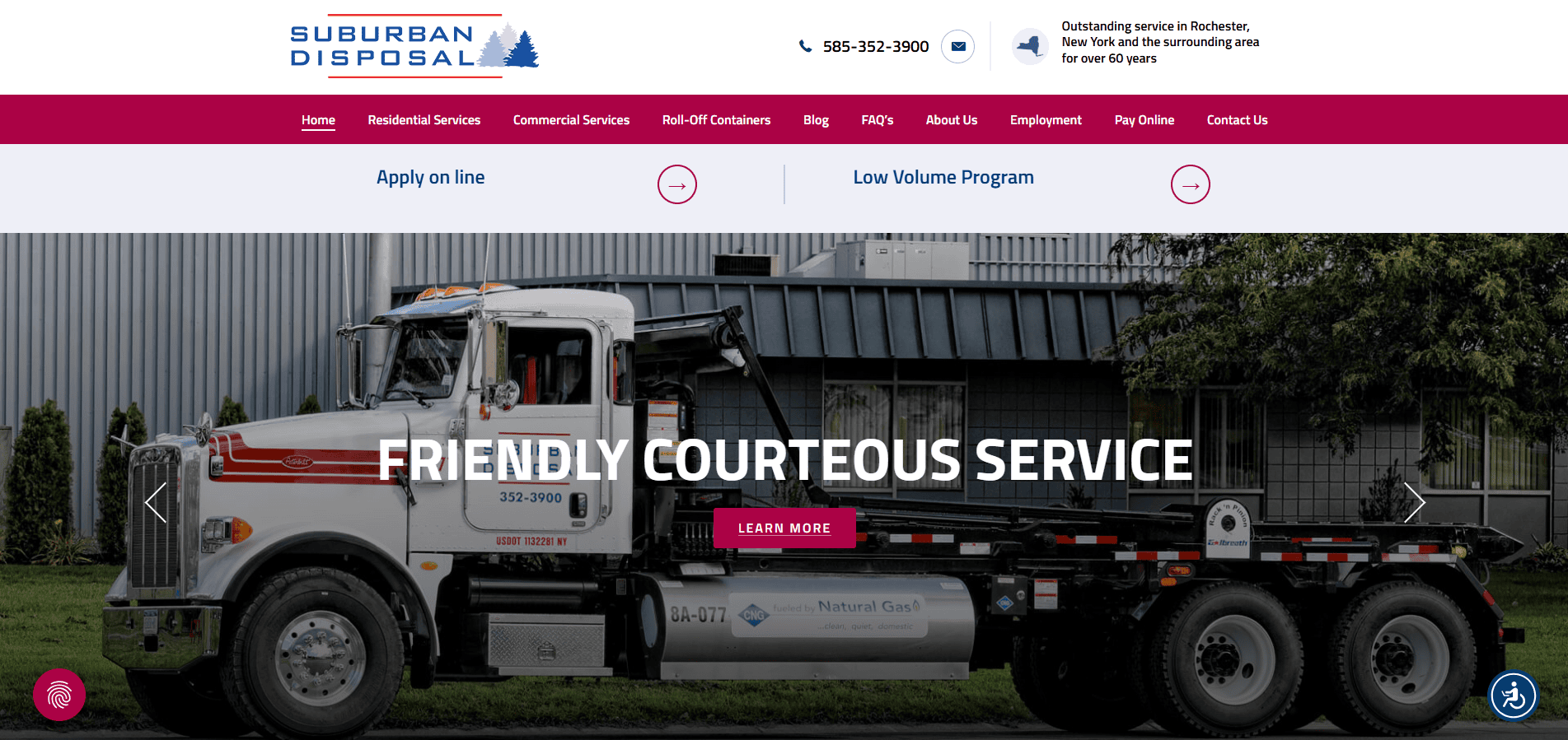 Screenshot of Suburban Disposal’s website homepage featuring a white and black garbage truck, the company logo, navigation menu, and the slogan “Friendly Courteous Service” with a pink “Learn More” button.