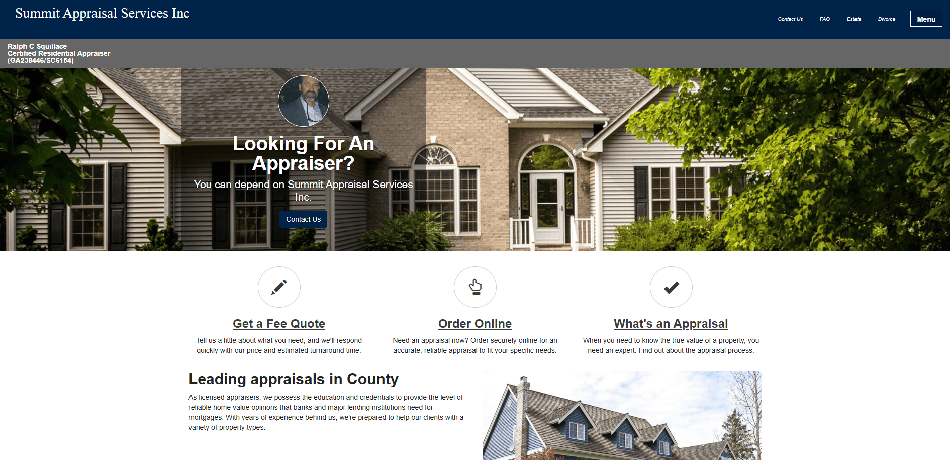 A website homepage for Summit Appraisal Services Inc. featuring a house, a banner seeking appraisers, contact info, and three sections: Get a Fee Quote, Order Online, and What’s an Appraisal, with images and descriptions.
