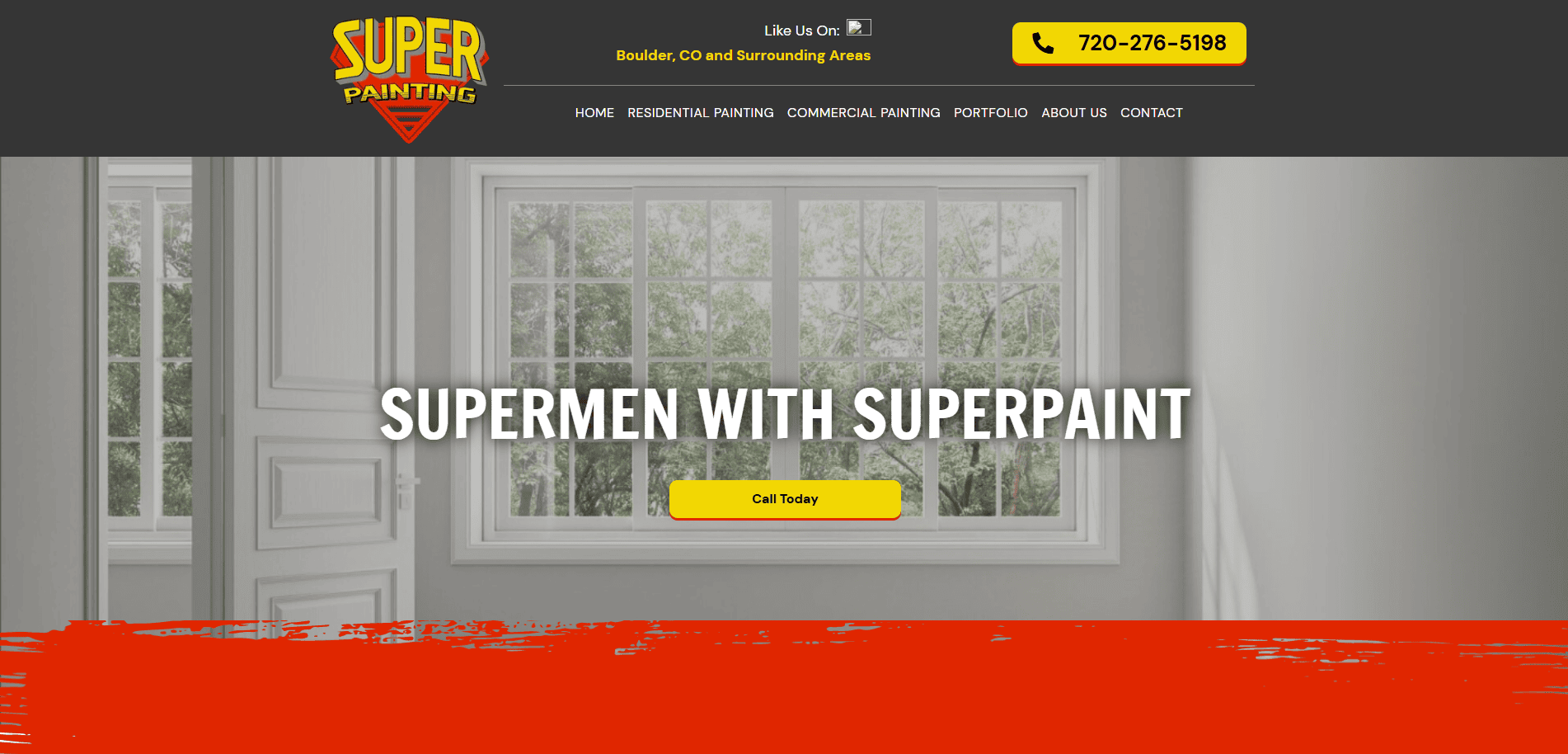 Screenshot of a painting company website. The header shows the Super Painting logo, contact number, navigation menu, and a main banner with large text: “SUPERMEN WITH SUPERPAINT” and a yellow “Call Today” button.
