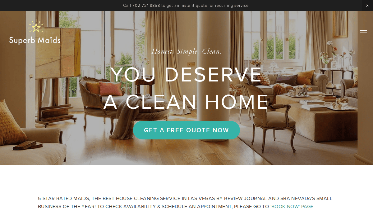 A bright, tidy living room with large windows, cozy sofas, and a stylish coffee table. Text reads: You deserve a clean home with a button below for a free quote from Superb Maids cleaning service.