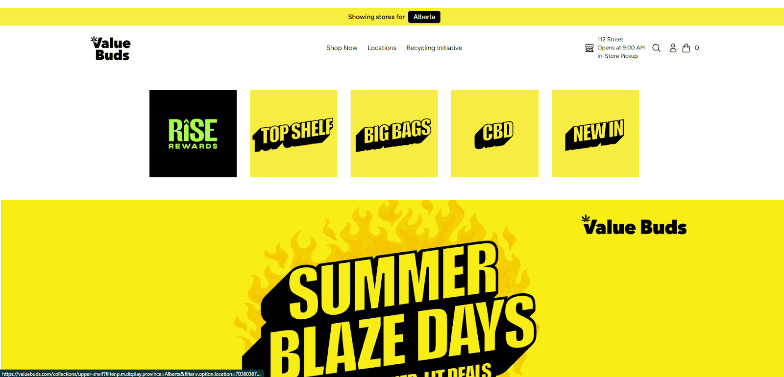 Value Buds website homepage with a yellow theme, navigation bar, five black and yellow category buttons (RISE Rewards, Top Shelf, Big Bags, CBD, New In), and a Summer Blaze Days banner.