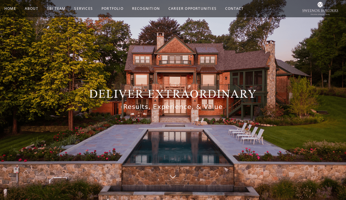 A luxurious stone house with large windows and a well-lit exterior stands behind a modern pool, surrounded by landscaped gardens and tall trees, with text overlay reading Deliver Extraordinary: Results, Experience, & Value.