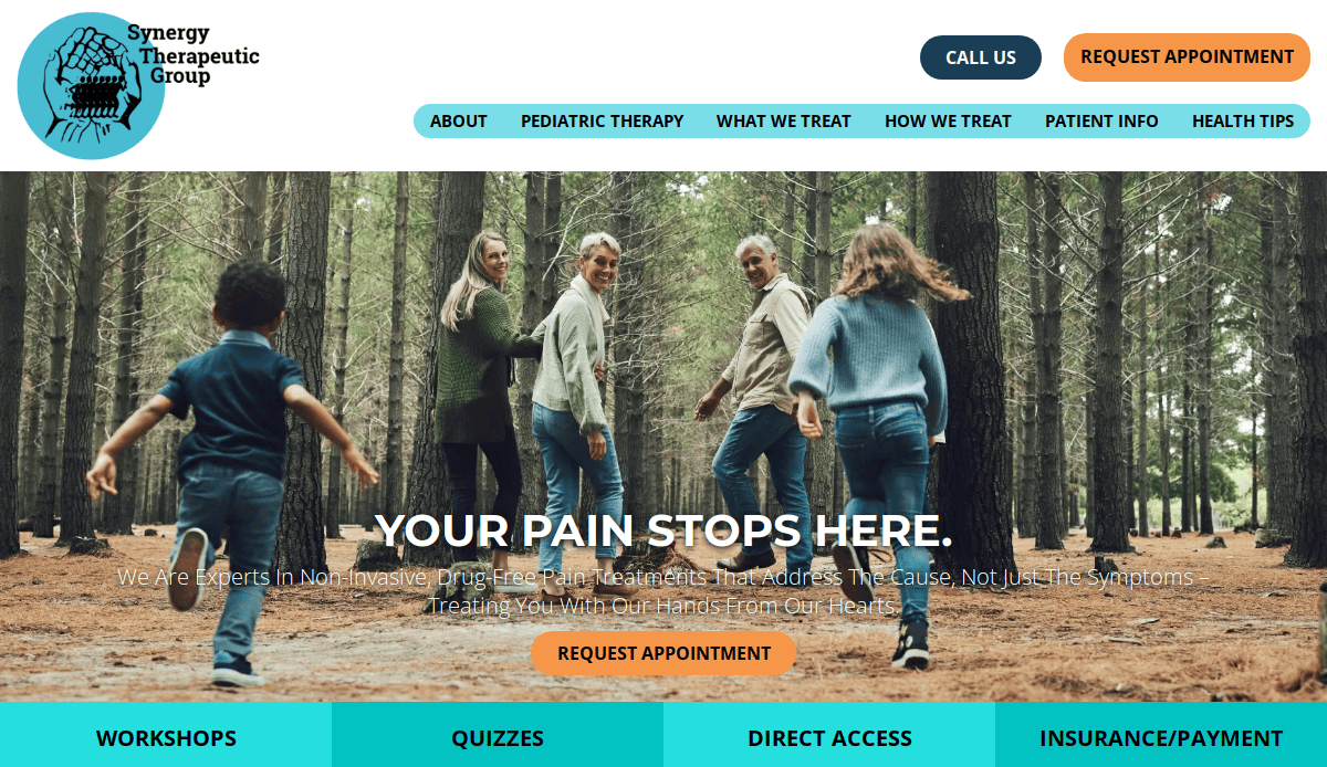 Five people hold hands in a circle, smiling and walking in a forest. The website banner promotes Synergy Therapeutic Group, highlighting non-invasive pain treatment with accessible navigation buttons and appointment options.