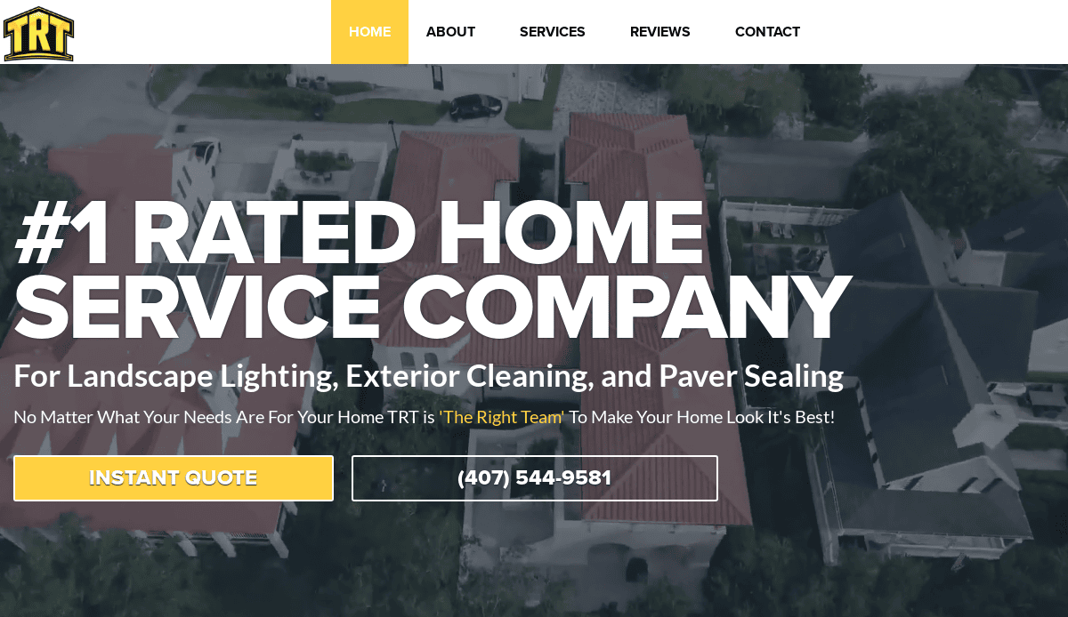 A website homepage for TRT, showing aerial view of houses and bold text: #1 Rated Home Service Company with services like lighting, cleaning, and sealing. Buttons for Instant Quote and phone number are visible.