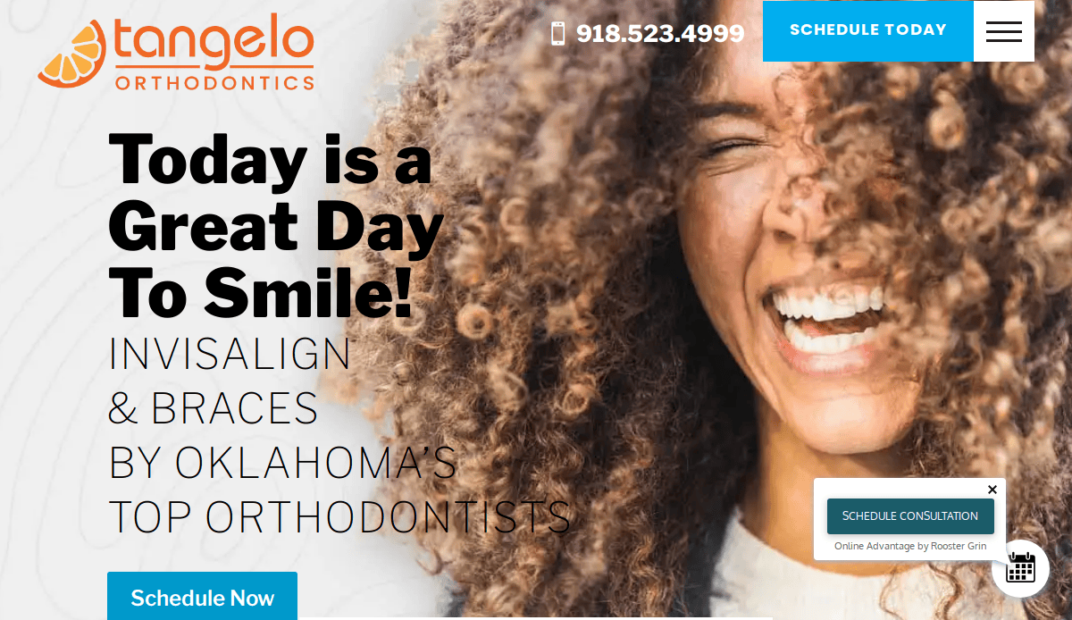 A woman with curly hair smiles widely. The text reads: Today is a Great Day To Smile! Invisalign & braces by Oklahoma’s top orthodontists. Tangelo Orthodontics logo and contact options are visible.