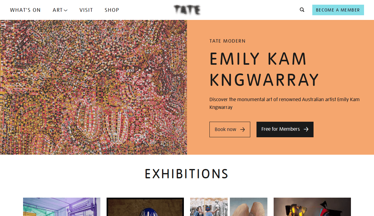 Screenshot of the Tate Modern website featuring an exhibition for Emily Kam Kngwarray, with a vibrant abstract artwork on the left and orange text panel on the right. The site menu and “Become a Member” button are visible.