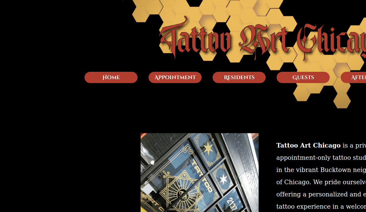 Screenshot of a tattoo studio website featuring a hexagon pattern, ornate Tattoo Art Chicago text, menu buttons, and an image of a glass door with gold designs and the number 3210.