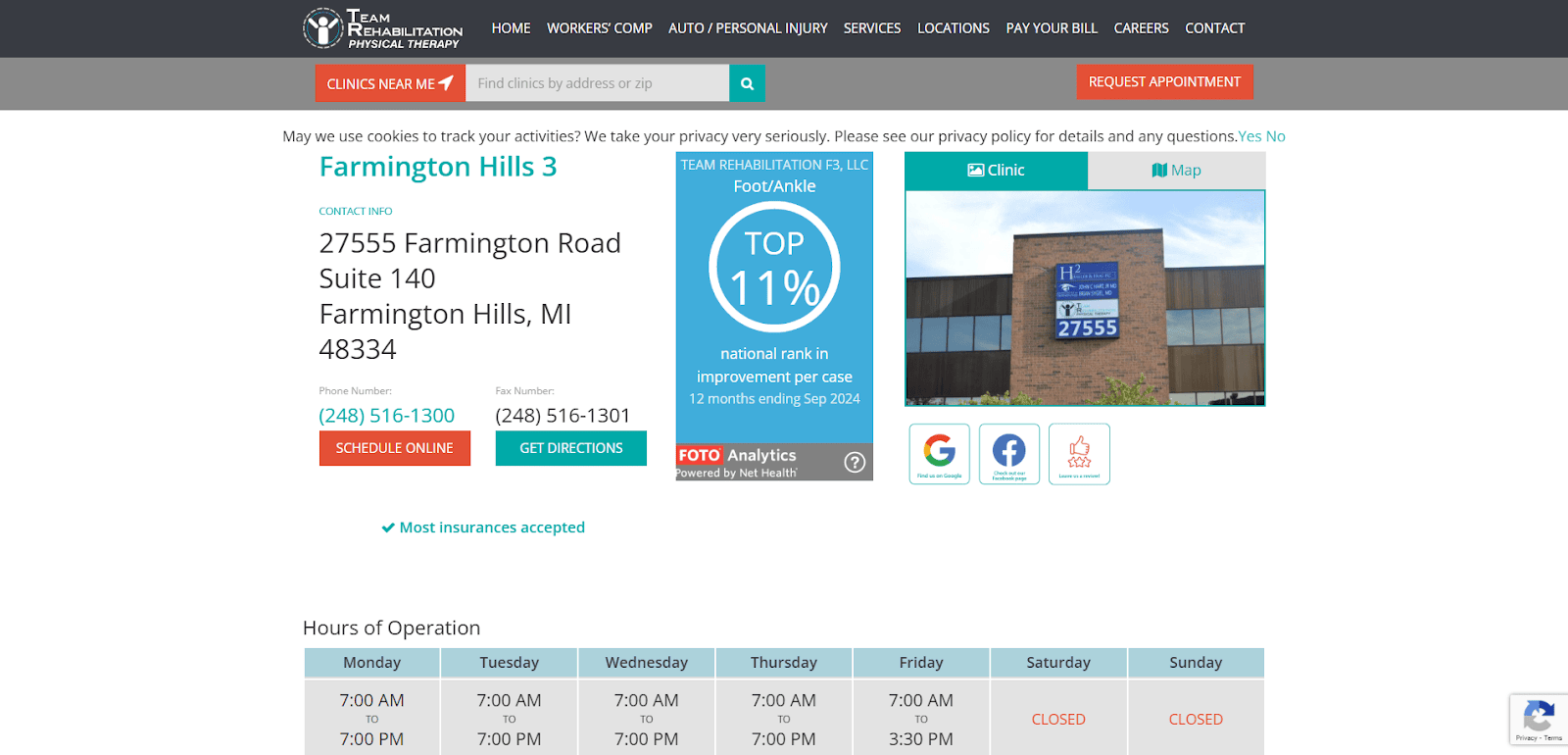 Screenshot of the Team Rehabilitation Physical Therapy Farmington Hills 3 clinic webpage, showing contact details, address, hours of operation, and a photo of the clinic building with a sign reading 27555.