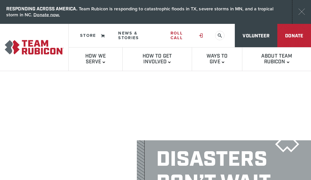 Team Rubicon website header with navigation menu, logo, and alert about responding to floods in Texas, storms in Minnesota, and a tropical storm in North Carolina. Donate now and Donate buttons are visible.