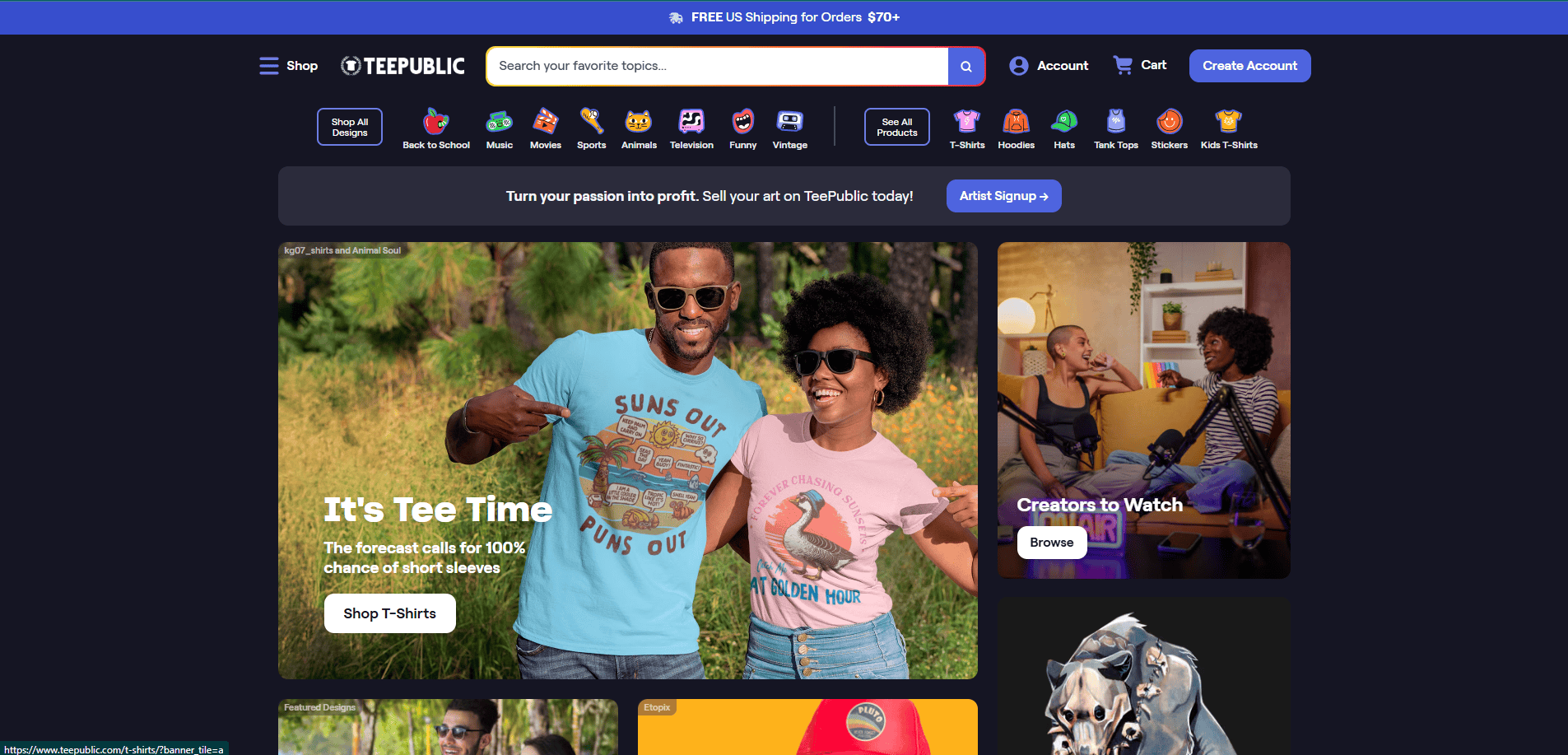 Teepublic homepage featuring a man and woman smiling in graphic t-shirts, with a banner promoting t-shirt sales. Navigation bar, search bar, and other shirt and creator recommendations are visible.