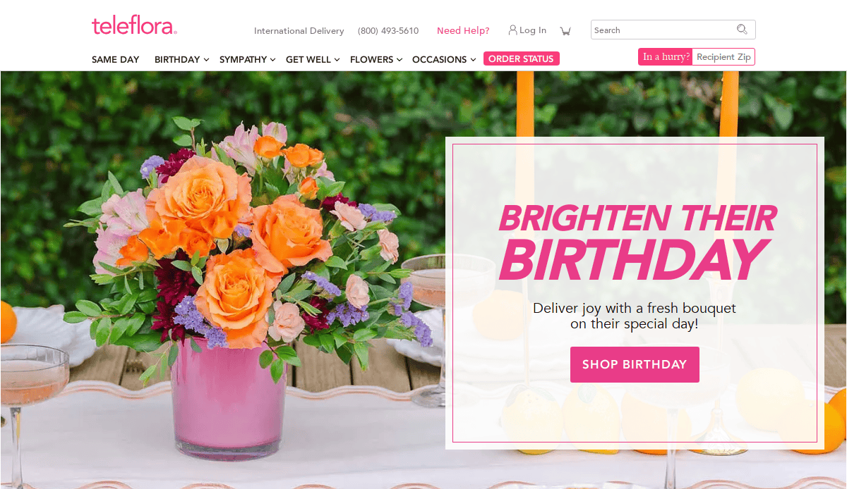 A bouquet of orange, pink, and purple flowers in a pink vase sits on a table outdoors. Text overlay reads, Brighten their birthday. Deliver joy with a fresh bouquet on their special day! Shop birthday. Teleflora website header above.