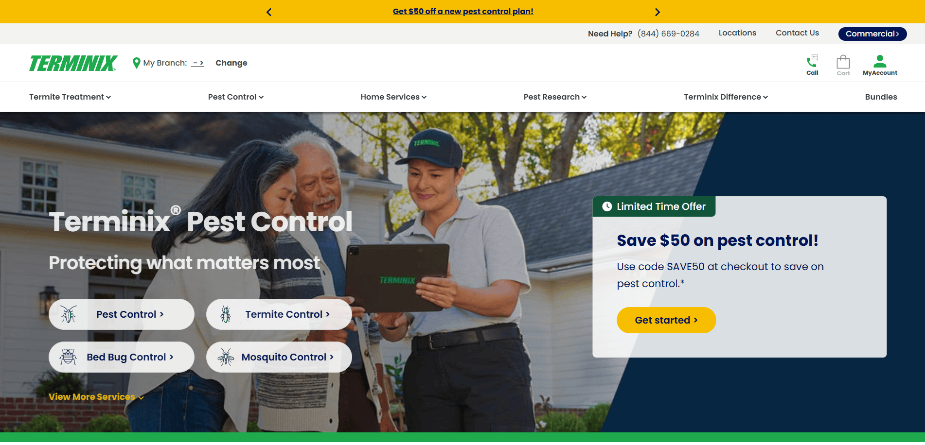 A Terminix employee shows a tablet to a smiling couple outside their home. The website promotes pest control services with a special offer to save $50 and several service options are listed.