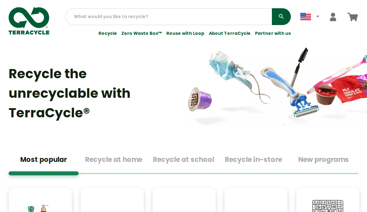TerraCycle website homepage showing the slogan Recycle the unrecyclable with TerraCycle with images of disposable items like masks, razors, and coffee pods flying across a white background.