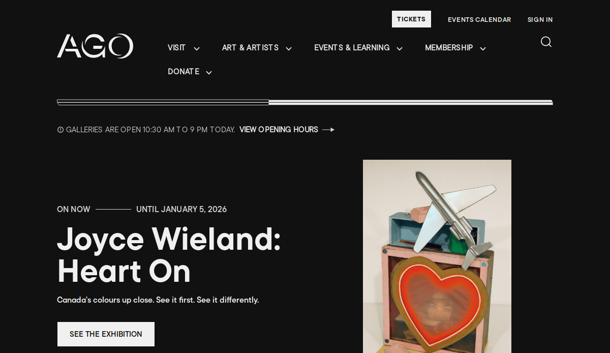 Screenshot of the Art Gallery of Ontario website featuring the Joyce Wieland: Heart On exhibition, with a photo of mixed-media art including a heart and airplane model, and exhibition dates until January 5, 2026.