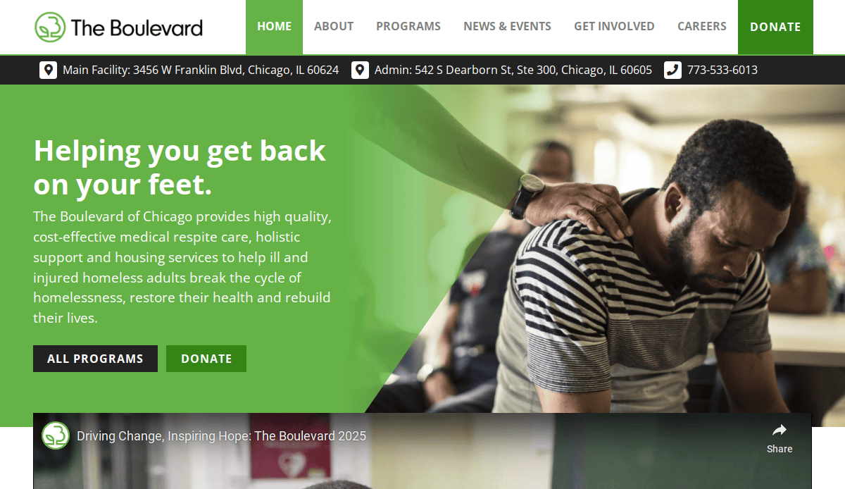 Screenshot of The Boulevard of Chicago’s website homepage, showing a banner with a man being comforted, navigation links, contact information, and green buttons for “ALL PROGRAMS” and “DONATE.”.