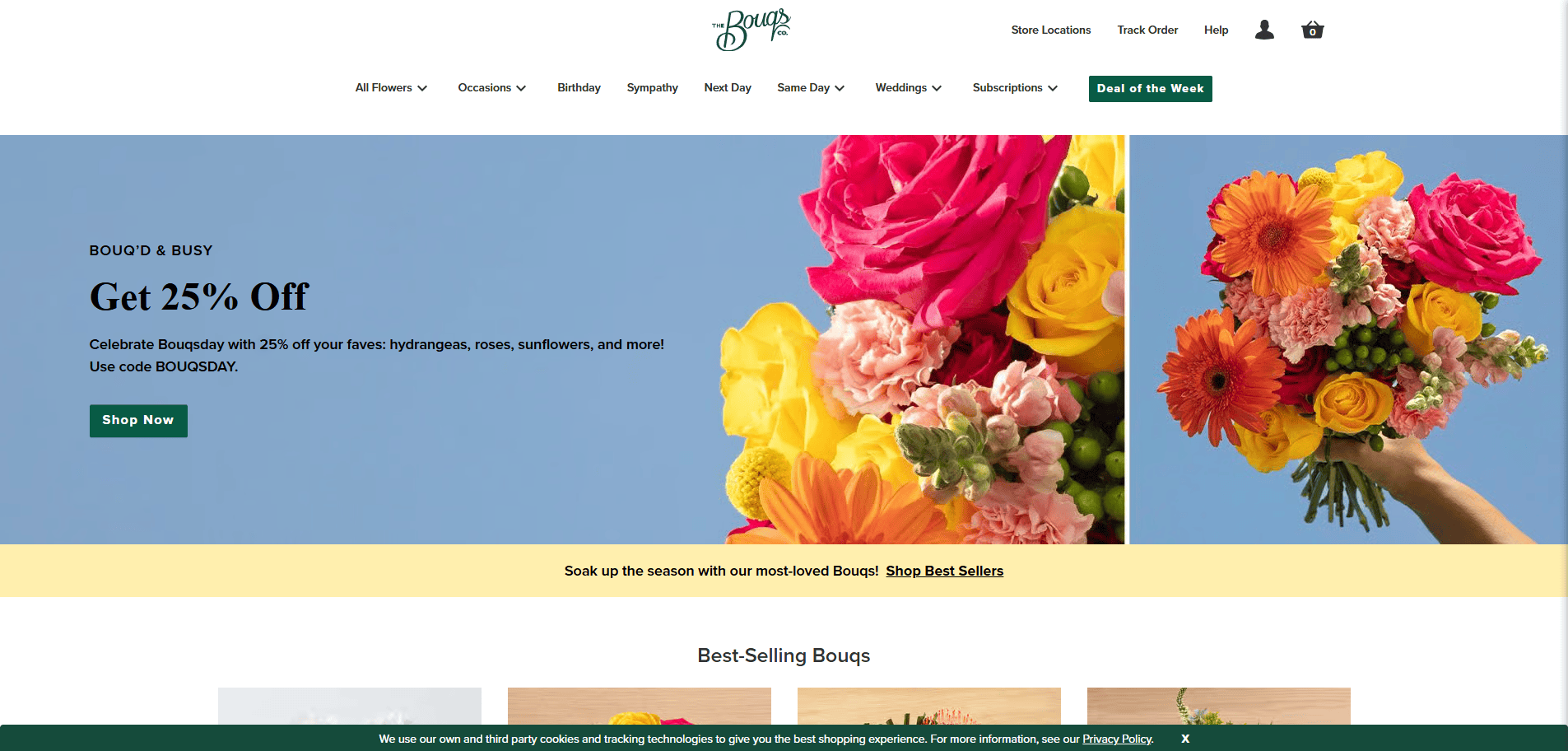 Screenshot of a flower shop website offering 25% off with a promo code. The page features bright floral arrangements with sunflowers, hydrangeas, and roses, and green “Shop Now” buttons. Navigation menu is visible at the top.