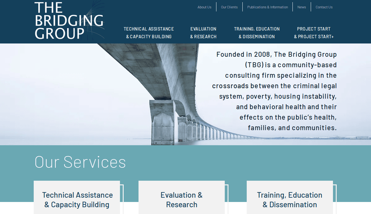 Screenshot of The Bridging Group’s website homepage, showing a bridge over water, the organization’s description, and service categories: Technical Assistance, Evaluation, and Training & Education.