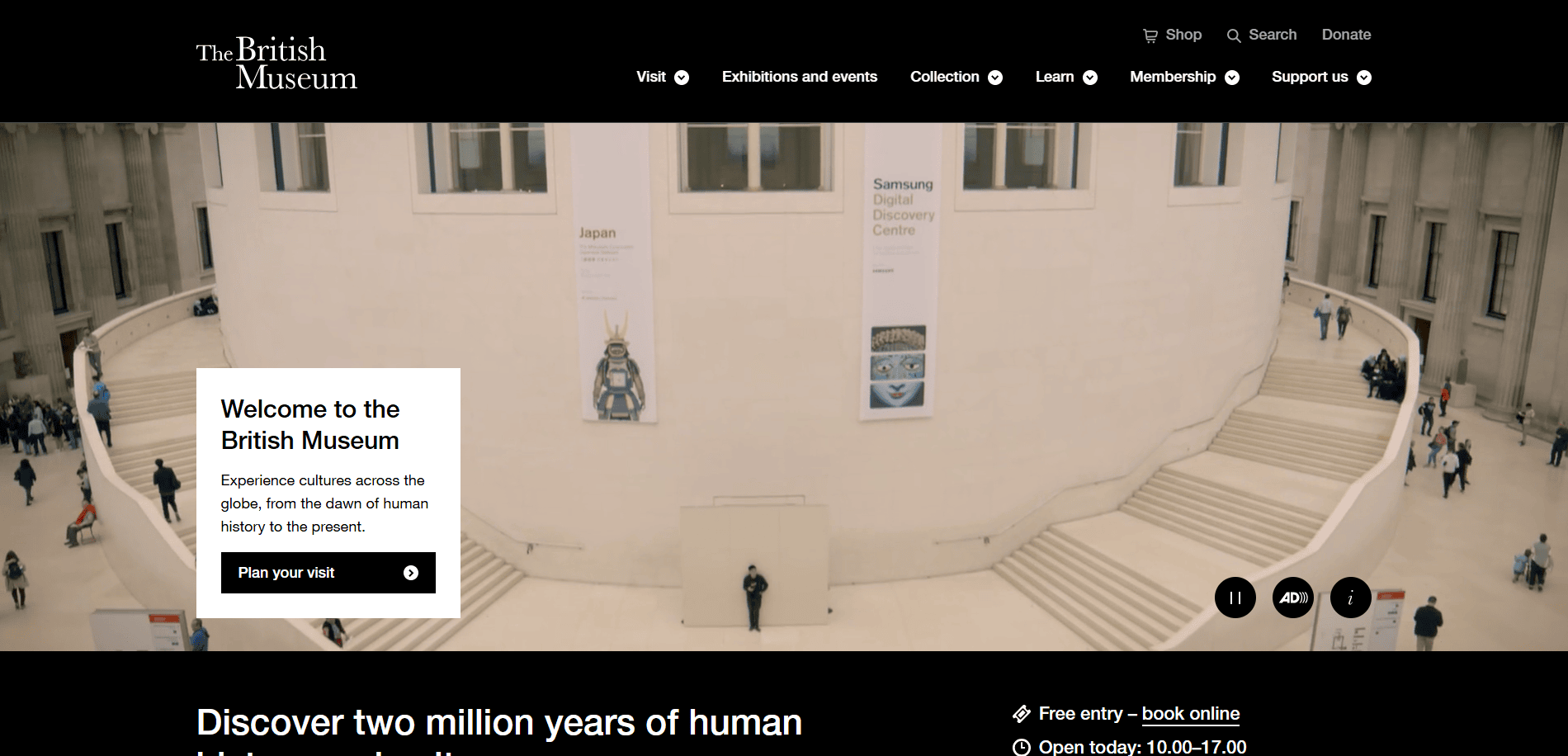 Screenshot of the British Museum website homepage, showing a white circular atrium with banners and a Welcome to the British Museum pop-up, menu options at the top, and museum information at the bottom.
