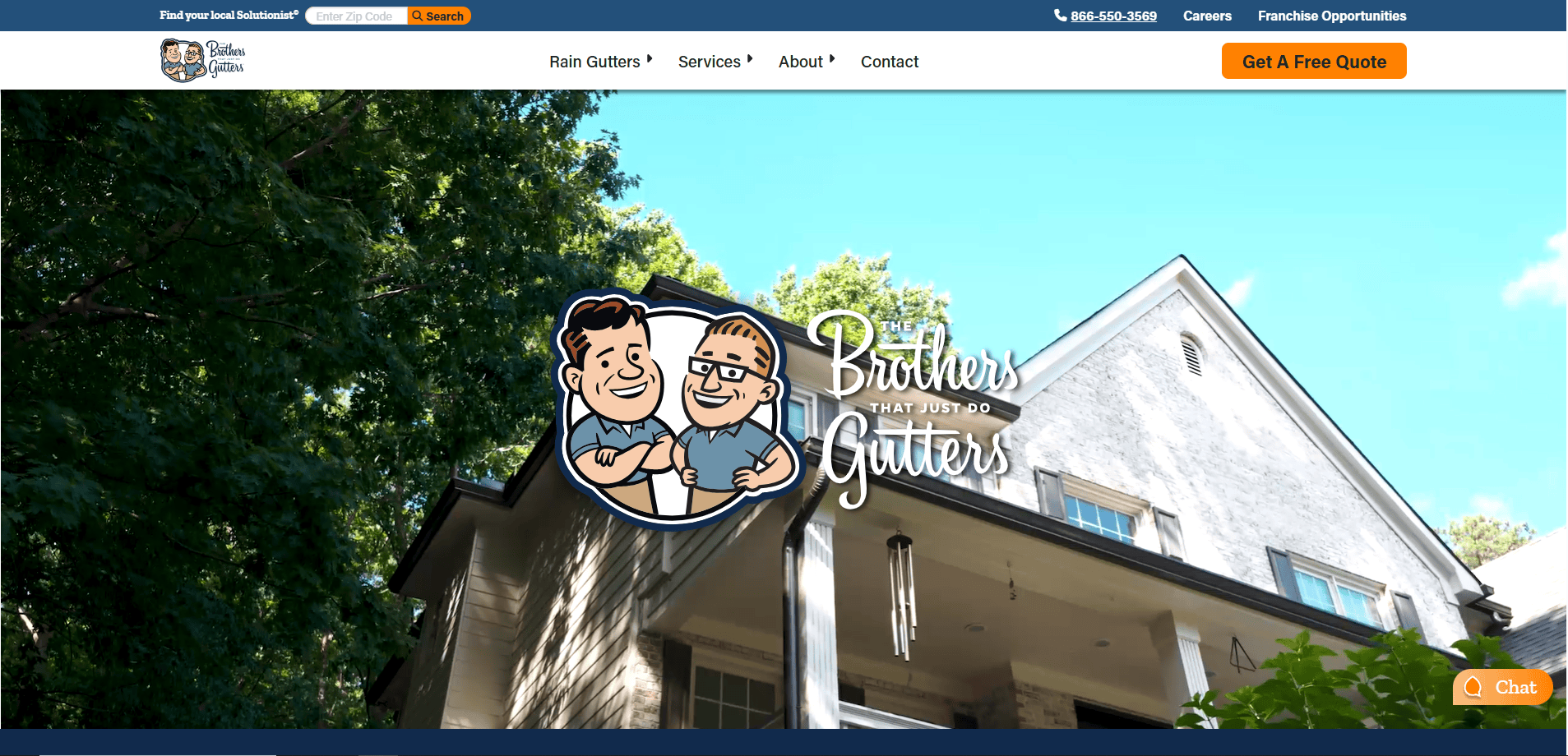 Screenshot of a website showing a white house with large gutters, leafy trees, and a logo for The Brothers That Just Do Gutters featuring cartoon brothers. Navigation bar and contact options are visible at the top.