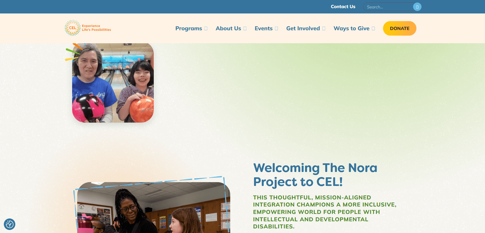 Two people smile while holding colorful bowling balls in a bowling alley. The website header features navigation links and a yellow Donate button. Text below welcomes The Nora Project to CEL.