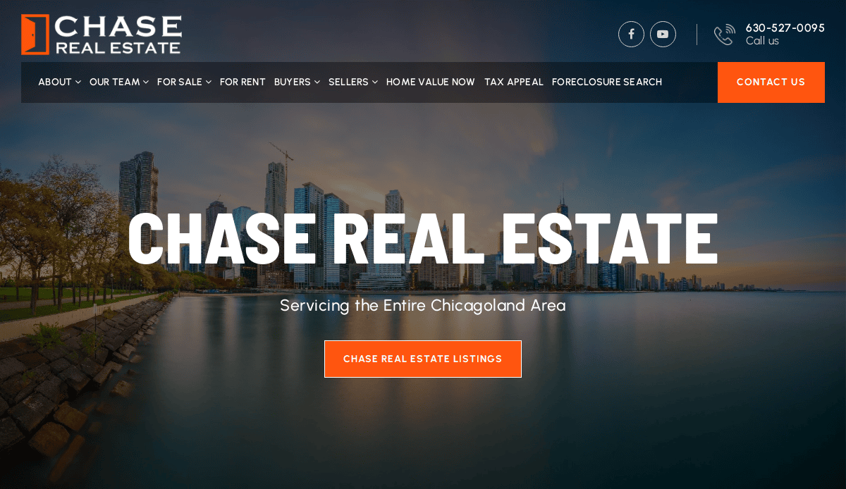 Screenshot of Chase Real Estate website homepage, showing a city skyline at sunset by the water, with bold text CHASE REAL ESTATE and a button labeled CHASE REAL ESTATE LISTINGS. Navigation bar and contact info are visible.