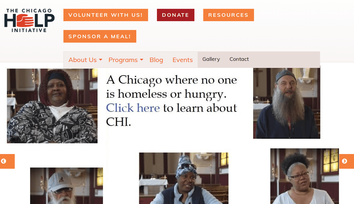 Screenshot of The Chicago Help Initiative website with photos of five individuals, navigation links, and a message: A Chicago where no one is homeless or hungry. Click here to learn about CHI.