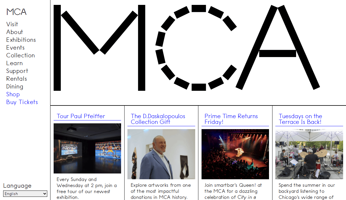 Homepage of the Museum of Contemporary Art website with a bold MCA logo, navigation links on the left, and featured event listings with images and text for current exhibitions and activities.