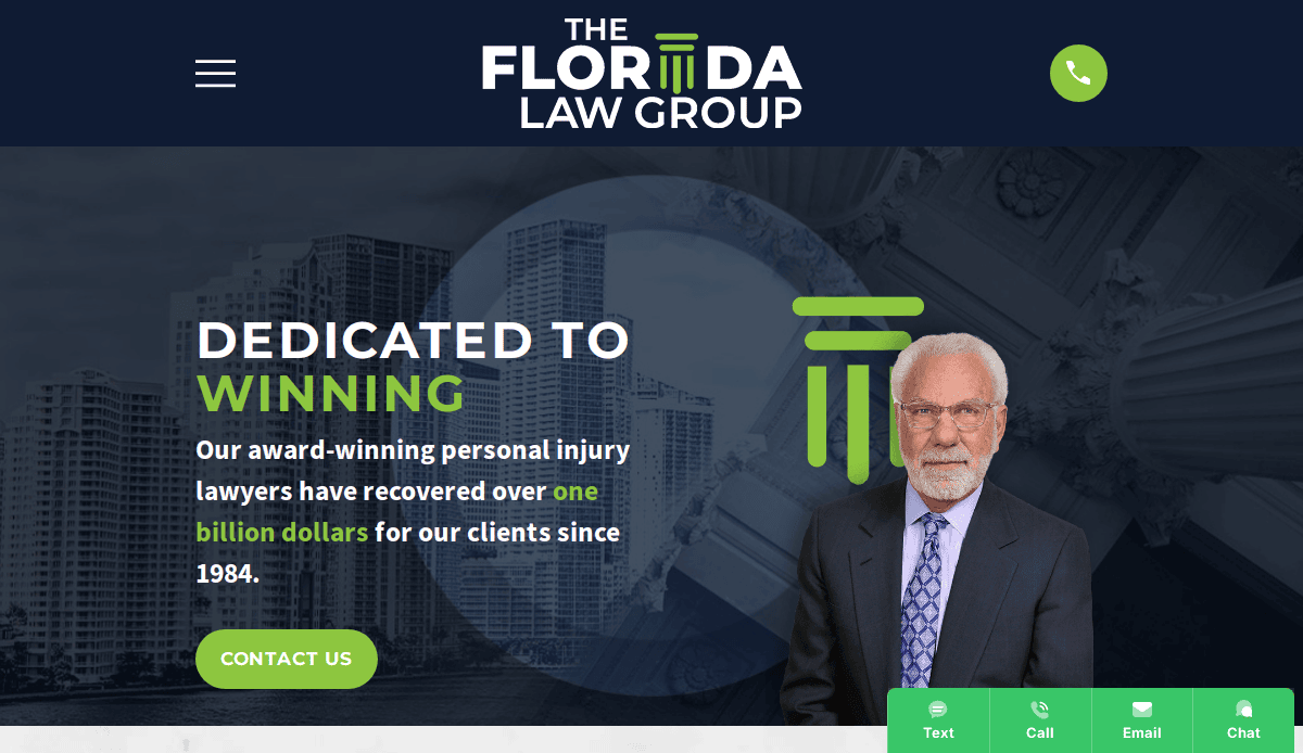 Homepage of The Florida Law Group website featuring a suited older man with white hair and glasses, text about winning personal injury cases, skyscrapers background, and contact options including text, call, email, and chat.