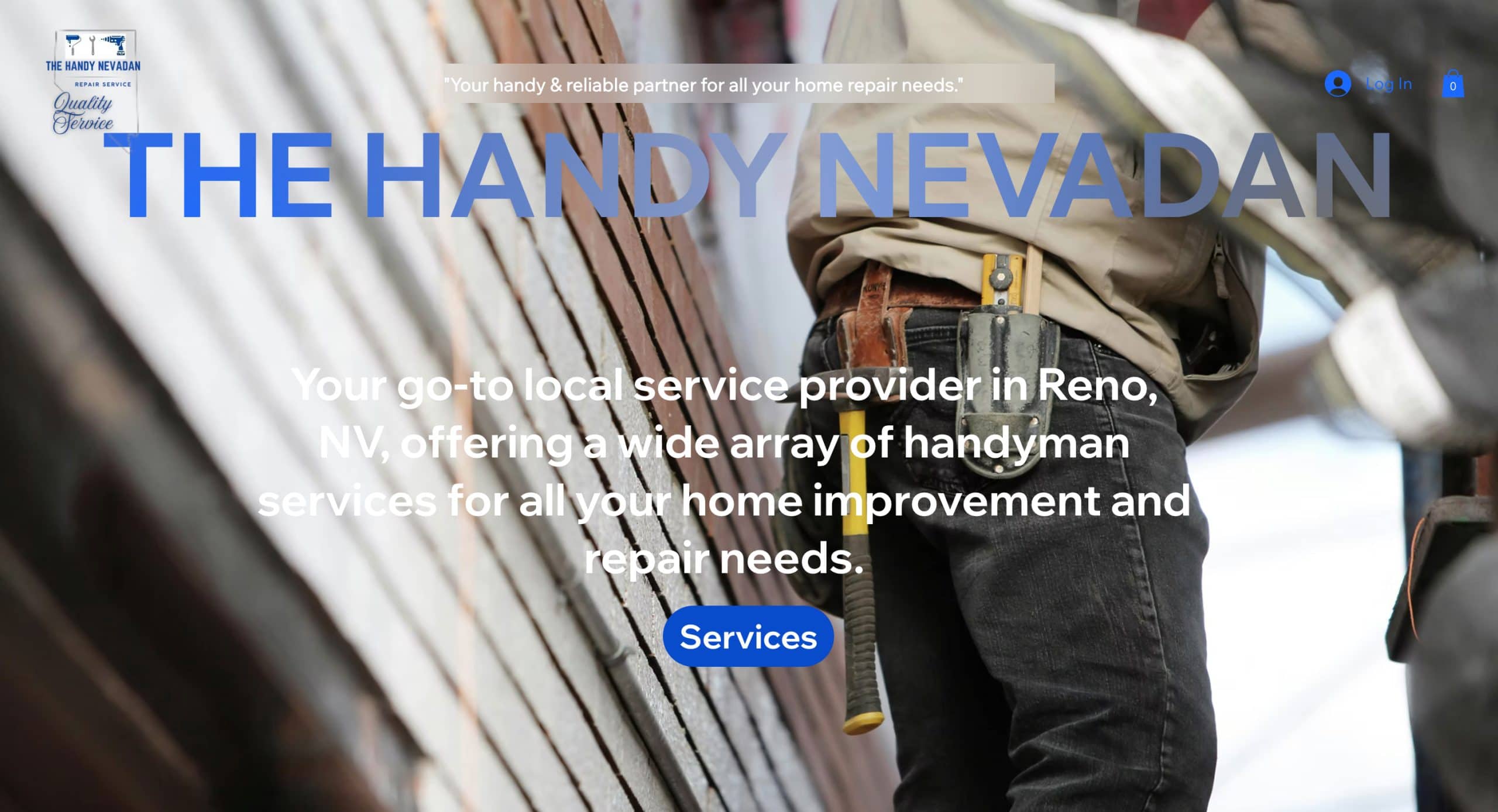 A close-up of a handyman’s tool belt, standing against a wooden structure. Overlaid text reads: “THE HANDY NEVADAN” and describes handyman services in Reno, NV, with a blue “Services” button below.