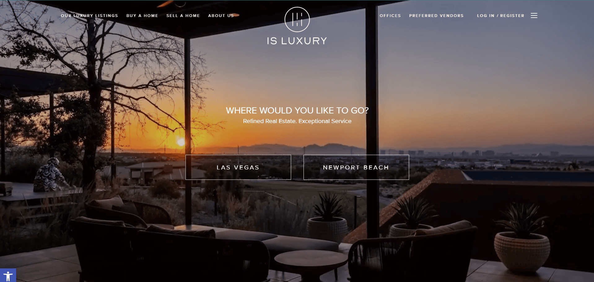 Luxury real estate website homepage showing a modern patio with seating, scenic view of a sunset over a city, and navigation options for Las Vegas and Newport Beach properties.