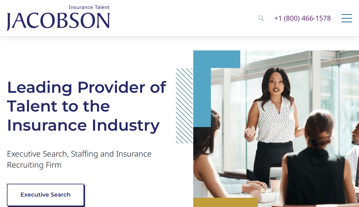 Screenshot of Jacobson’s website showing a woman speaking to a group in a meeting room. Text reads: Leading Provider of Talent to the Insurance Industry. Executive Search, Staffing and Insurance Recruiting Firm.