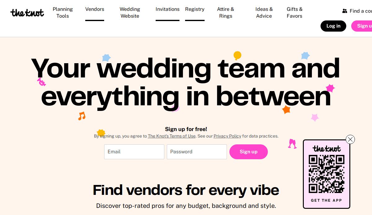 A website homepage with the text, Your wedding team and everything in between. There are icons of stars and notes, and buttons to sign up or log in. A QR code for an app download is on the right side.