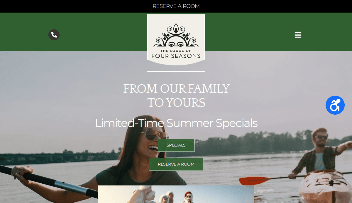 Homepage of The Lodge of Four Seasons website with people kayaking on a lake, special offers for summer displayed in white text, and buttons labeled SPECIALS and RESERVE A ROOM over the photo.