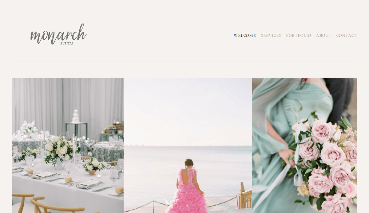 A website header for Monarch Events with the navigation menu and three images: an elegant table setting, a person in a pink dress by the water, and a bouquet of pink roses held by someone in a green dress.