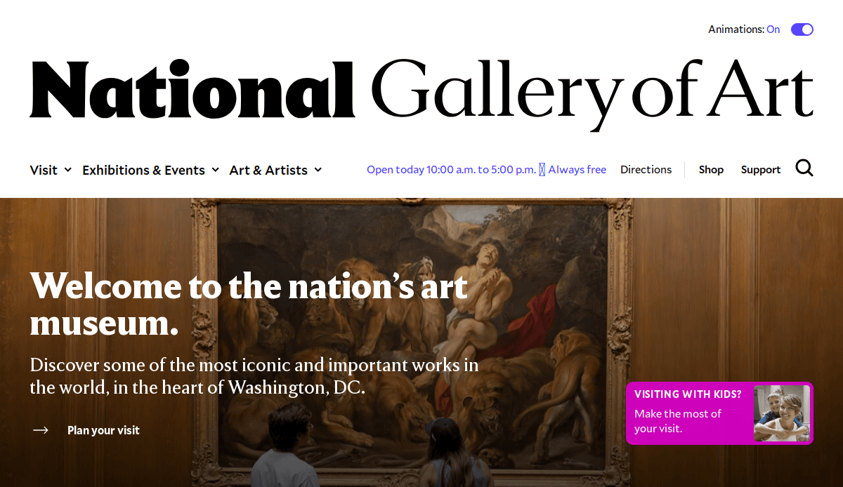 Screenshot of the National Gallery of Art website, showing a large classical painting and visitors viewing it. The text welcomes visitors to the museum in Washington, DC, with navigation and info links above.