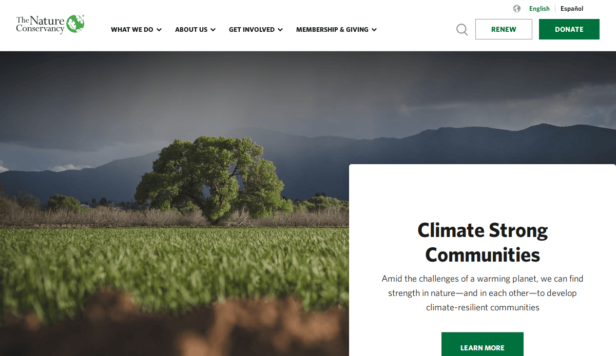 A lone green tree stands in a field under a cloudy sky, with a Nature Conservancy banner reading “Climate Strong Communities” and a button labeled “Learn More” in the foreground.