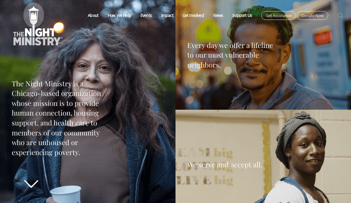A website homepage for The Night Ministry features photos of diverse people, including a smiling woman, a man with glasses, and a woman in a headband, along with text about supporting vulnerable neighbors.