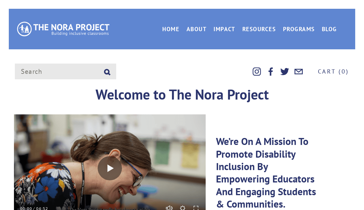 Screenshot of The Nora Project website homepage, showing a blue header with navigation links and a welcome message about promoting disability inclusion for educators and students. A video thumbnail with a smiling woman appears below.