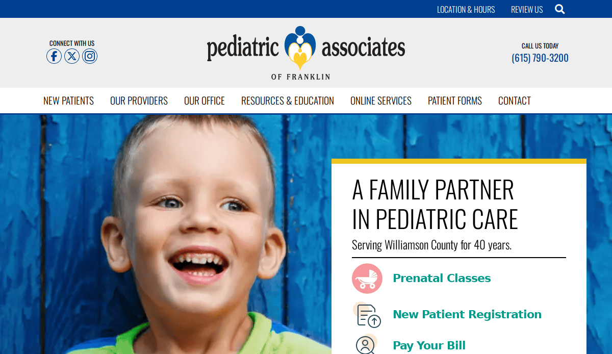 A smiling young boy in front of a blue wooden fence is featured on the Pediatric Associates of Franklin website, which highlights services like prenatal classes, patient registration, and bill payment.