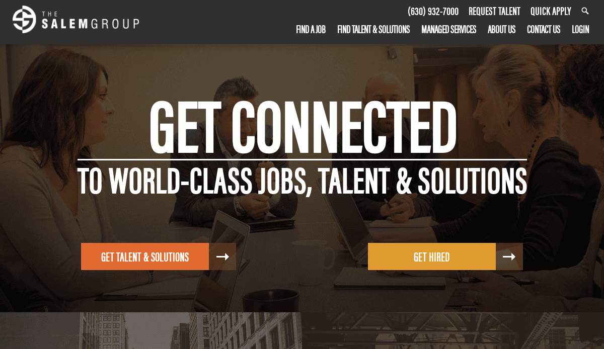 Four people sit around a business meeting table with laptops, while large white text overlays the image: “Get Connected to World-Class Jobs, Talent & Solutions.” Two buttons read “Get Talent & Solutions” and “Get Hired.”.