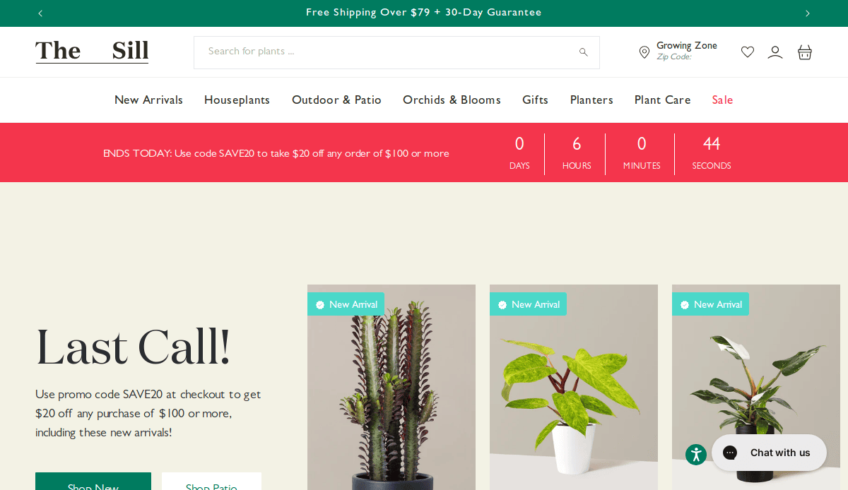 Screenshot of The Sill website showing a countdown banner for a sale, a promo code for $20 off, and featured indoor plants in pots labeled “New Arrival,” against a white background.