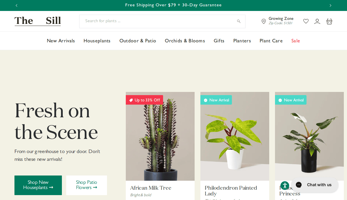 Screenshot of The Sill’s website homepage featuring houseplant categories, a search bar, sale banners, and images of an African Milk Tree and a Philodendron Painted Lady as new arrivals for sale.