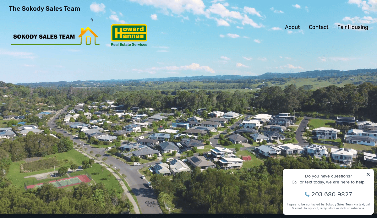 Aerial view of a suburban neighborhood with houses, trees, and distant hills under a blue sky. The Sokody Sales Team and Howard Hanna Real Estate Services logos are displayed at the top. Contact information is shown on the right.