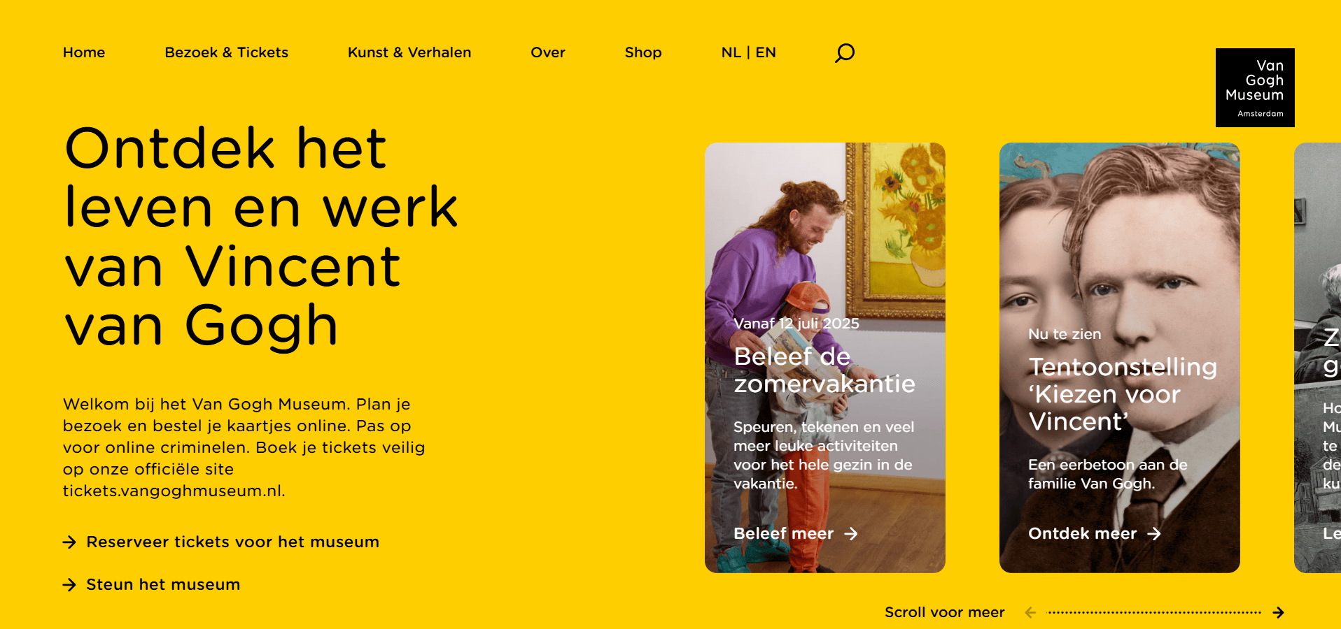 Screenshot of the Van Gogh Museum website homepage. The yellow background features large text: “Ontdek het leven en werk van Vincent van Gogh” with two event images, links, navigation menu, and a language switcher.