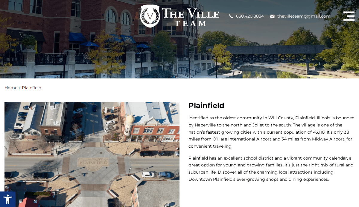 A website page for The Ville Team features aerial photos of Plainfield, Illinois, with a text description highlighting the town’s location, amenities, schools, and growing community. Contact details are shown at the top.