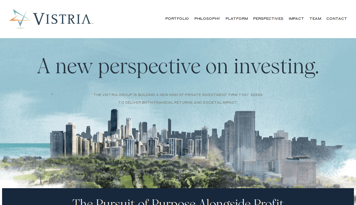 A website homepage for Vistria featuring a cityscape illustration with the headline A new perspective on investing and navigation links at the top for Portfolio, Philosophy, Platform, Perspectives, Impact, Team, and Contact.