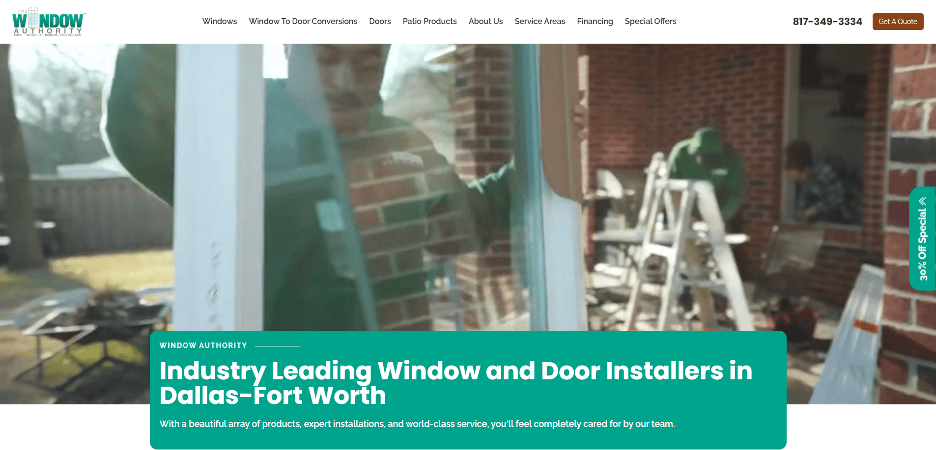 A worker in a green shirt installs a glass window at a brick house, with tools and a ladder in the background. The website banner reads, Industry Leading Window and Door Installers in Dallas-Fort Worth.