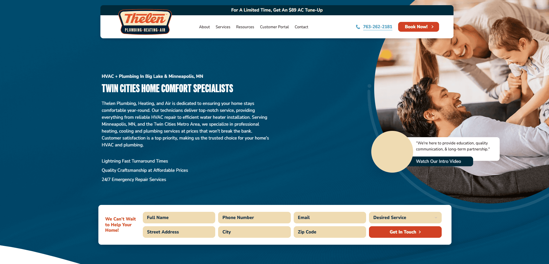Screenshot of Thelen Plumbing, Heating & Air’s homepage, showing a happy family on a couch, company branding, contact information, description of HVAC services, a video invitation, and a contact form for home comfort solutions.