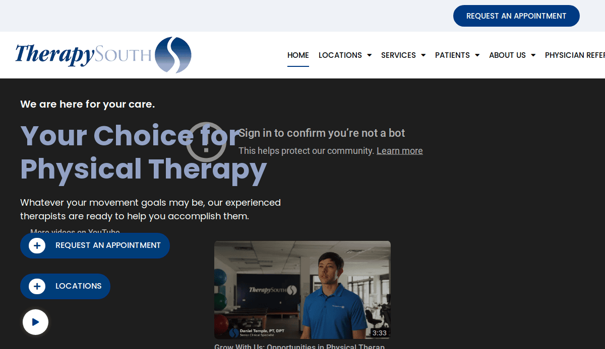 Screenshot of the TherapySouth website homepage, featuring the header, navigation menu, “Your Choice for Physical Therapy” message, buttons for appointments and locations, and a video thumbnail of a therapist speaking.