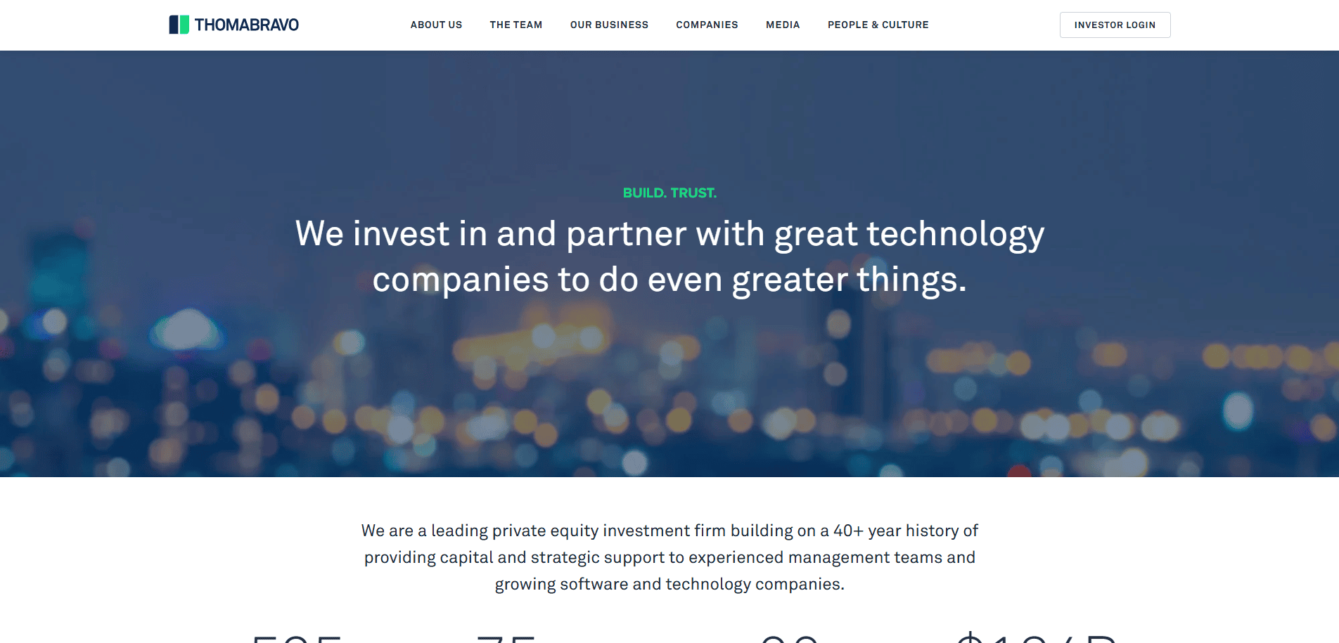 Screenshot of the Thoma Bravo website homepage, displaying their logo, navigation menu, and a message stating, We invest in and partner with great technology companies to do even greater things, over a blurred cityscape background.
